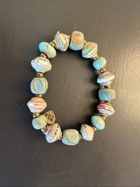 Turquoise Paper-Bead Stretch Bracelet with Brass Accents